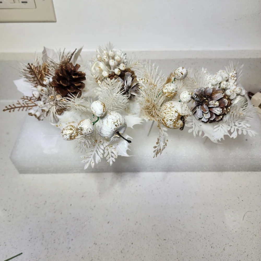 Vintage Floral Pinecones and Berries Picks In White And Gold 5 Pieces